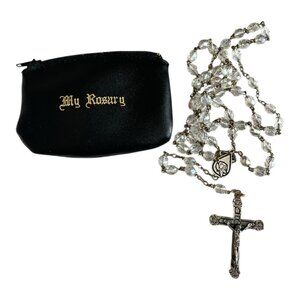 Catholic Clear Bead Rosary Necklace Silver Miraculous Medal Crusifix Cross NIP